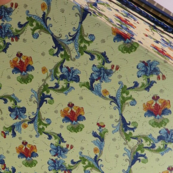 Floral Hexagon Hat Box Yellow & Blue 11 1/2" wide Storage Box with rope closure - Picture 2 of 11